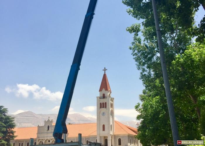 outdoor loudspeakers crane install